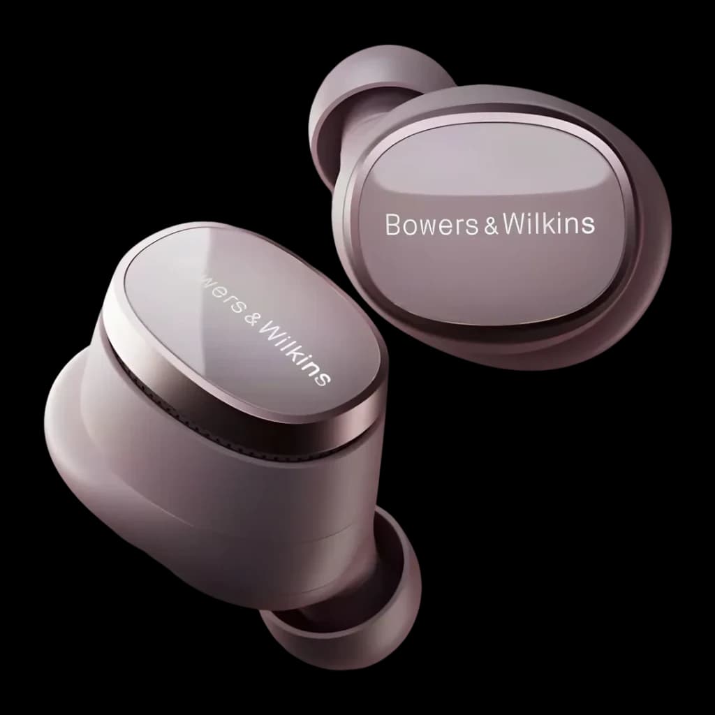 Auriculares true wireless Bowers & Wilkins Pi8 Cancelamento de Ruído TWS Malva, detalhe: logótipo gravado no painel tátil