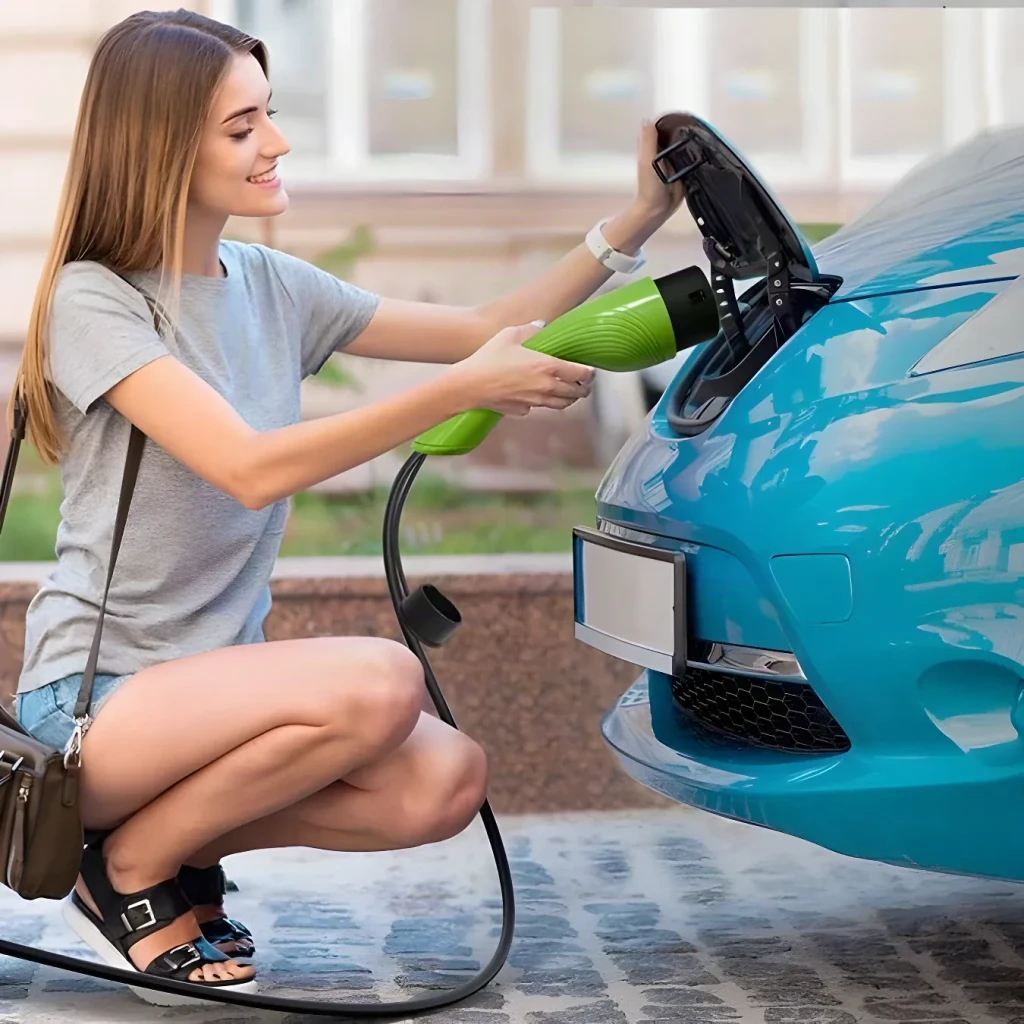 Cargador Coche Eléctrico Qoltec Negro 11kW Tipo 2 5m 52436, en uso: mujer conectando el conector Tipo 2 al puerto de carga