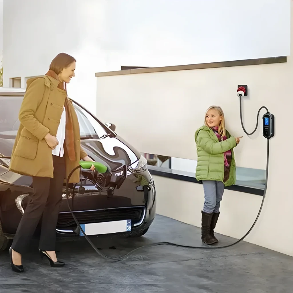 Cargador Coche Eléctrico Qoltec Negro 11kW Tipo 2 5m 52436, en uso: mujer conectando cable a vehículo, niña señalando