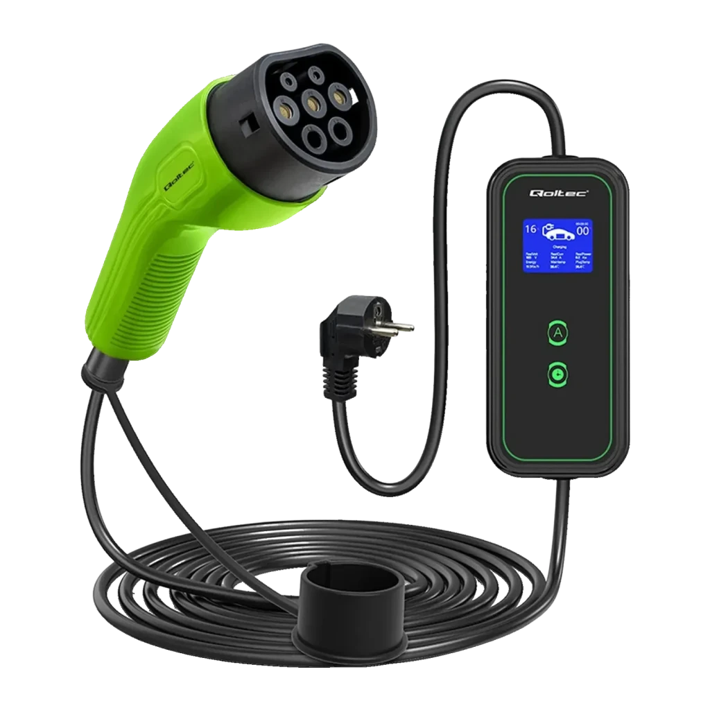 Cargador Coche Eléctrico Qoltec 3,5kW Tipo 2 Cable 5m 52476, vista frontal: pistola verde con conector Tipo 2, caja