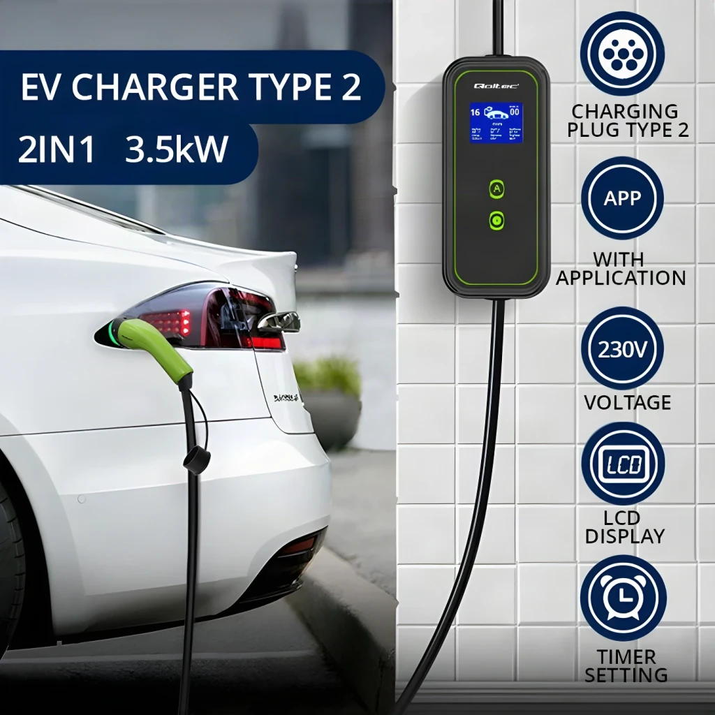 Cargador Coche Eléctrico Qoltec 3,5kW Tipo 2 Cable 5m 52476, infografía: cargador en pared con pantalla LCD y coche