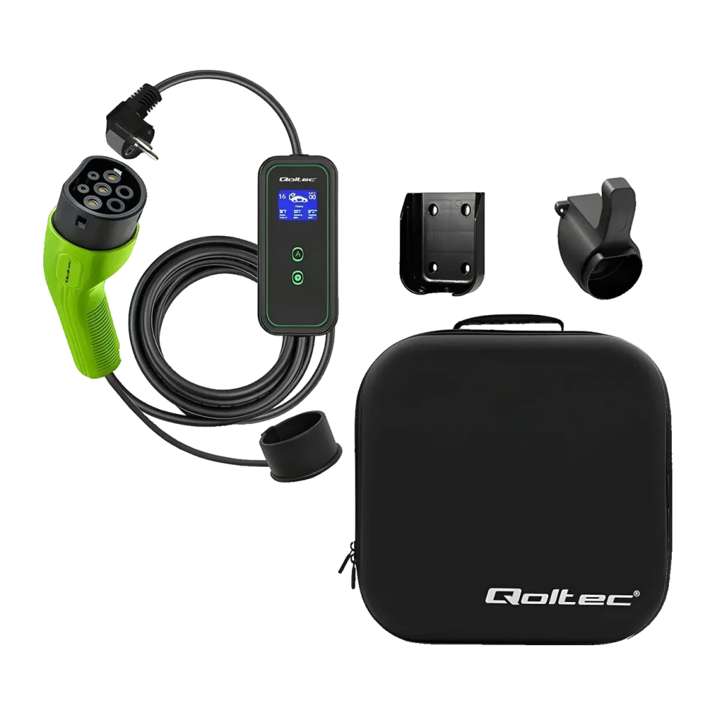 Cargador Coche Eléctrico Qoltec 3,5kW Tipo 2 Cable 5m 52476, detalle: conector Tipo 2 verde, caja de control con pantalla