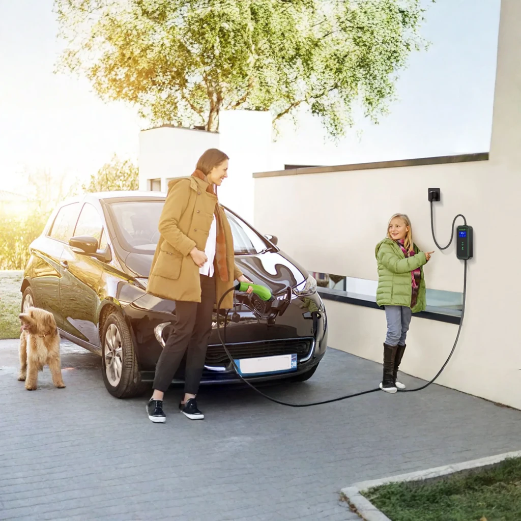 Cargador Coche Eléctrico Qoltec 3,5kW Tipo 2 Cable 5m 52476, en uso: mujer conectando cable verde al coche, niña junto