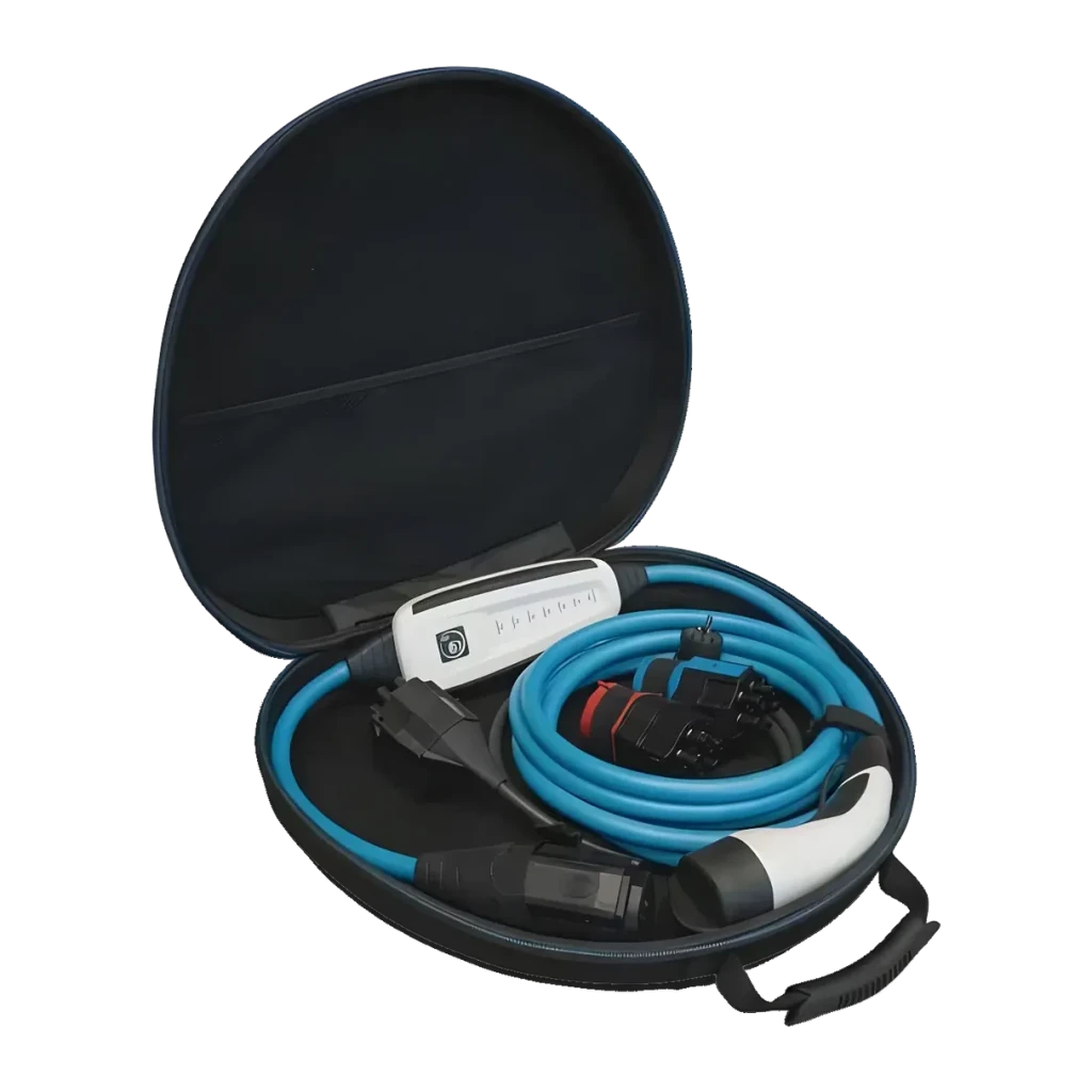 Carregador Portátil NRGkick Light Set Optimal Branco 11kW Tipo 2 5m, detalhe: maleta aberta com cabo azul enrolado