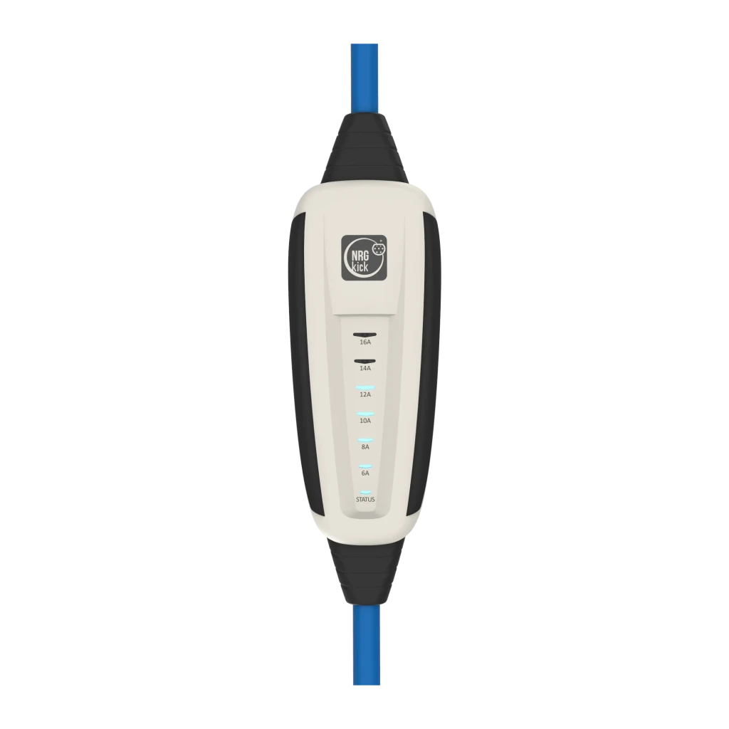 Carregador Portátil NRGkick Light Set Optimal Branco 11kW Tipo 2 5m, detalhe frontal: indicadores LED de amperagem 6A-16A