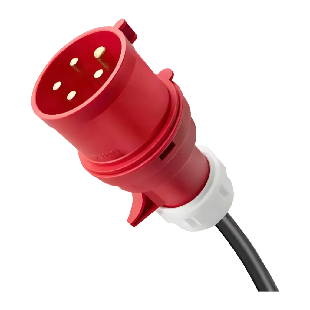 Cargador para coche eléctrico Qoltec 2 en 1 Tipo 2 Gris 7kW 5m 52721, detalle: enchufe CEE rojo con 5 pines dorados y cable