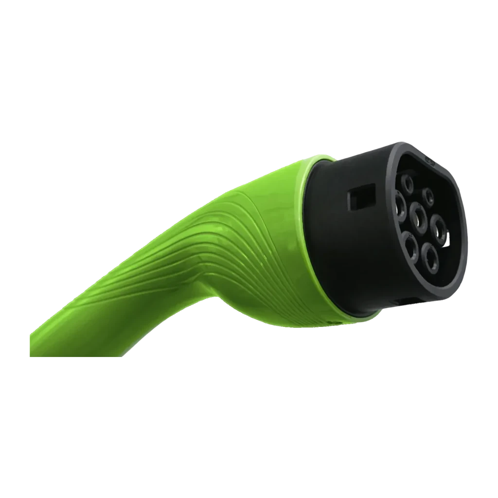 Cargador para coche eléctrico Qoltec 2 en 1 Tipo 2 Gris 7kW 5m 52721, detalle: conector verde con cabezal negro y 7 pines
