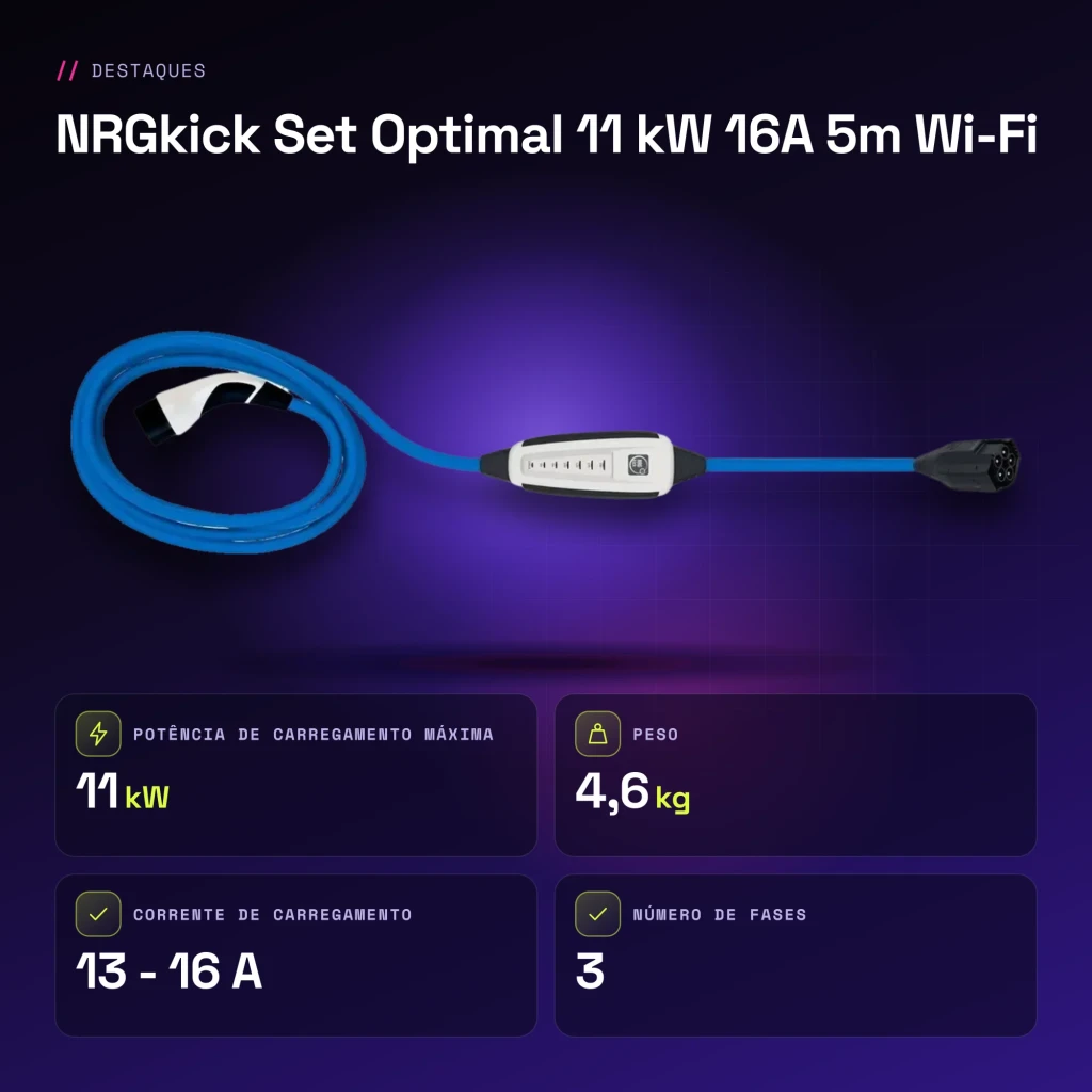 Carregador Portátil EV NRGkick Set Optimal 11 kW 16A 5m Wi-Fi Branco Tipo 2 - características