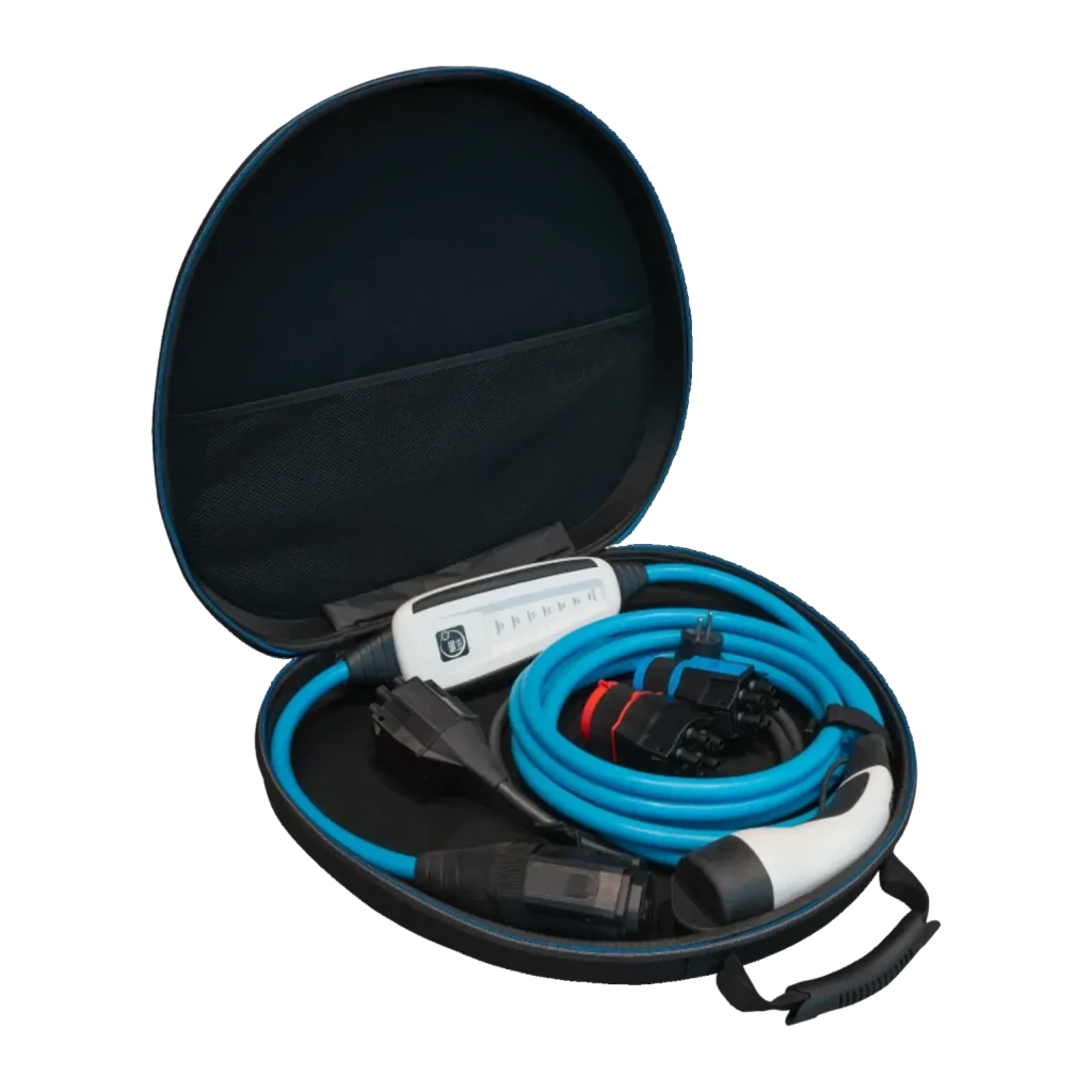 Carregador Portátil EV NRGkick Set Optimal 11 kW 16A 5m Wi-Fi Branco Tipo 2, mala aberta: cabo azul enrolado, unidade branca