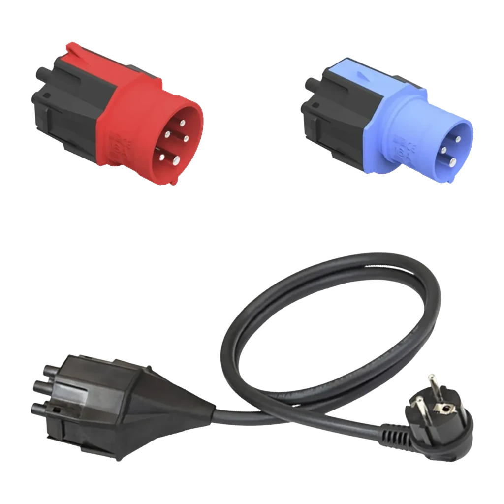 Carregador Portátil EV NRGkick Set Optimal 11 kW 16A 5m Wi-Fi Branco Tipo 2, detalhe: adaptadores CEE vermelho e azul e cabo