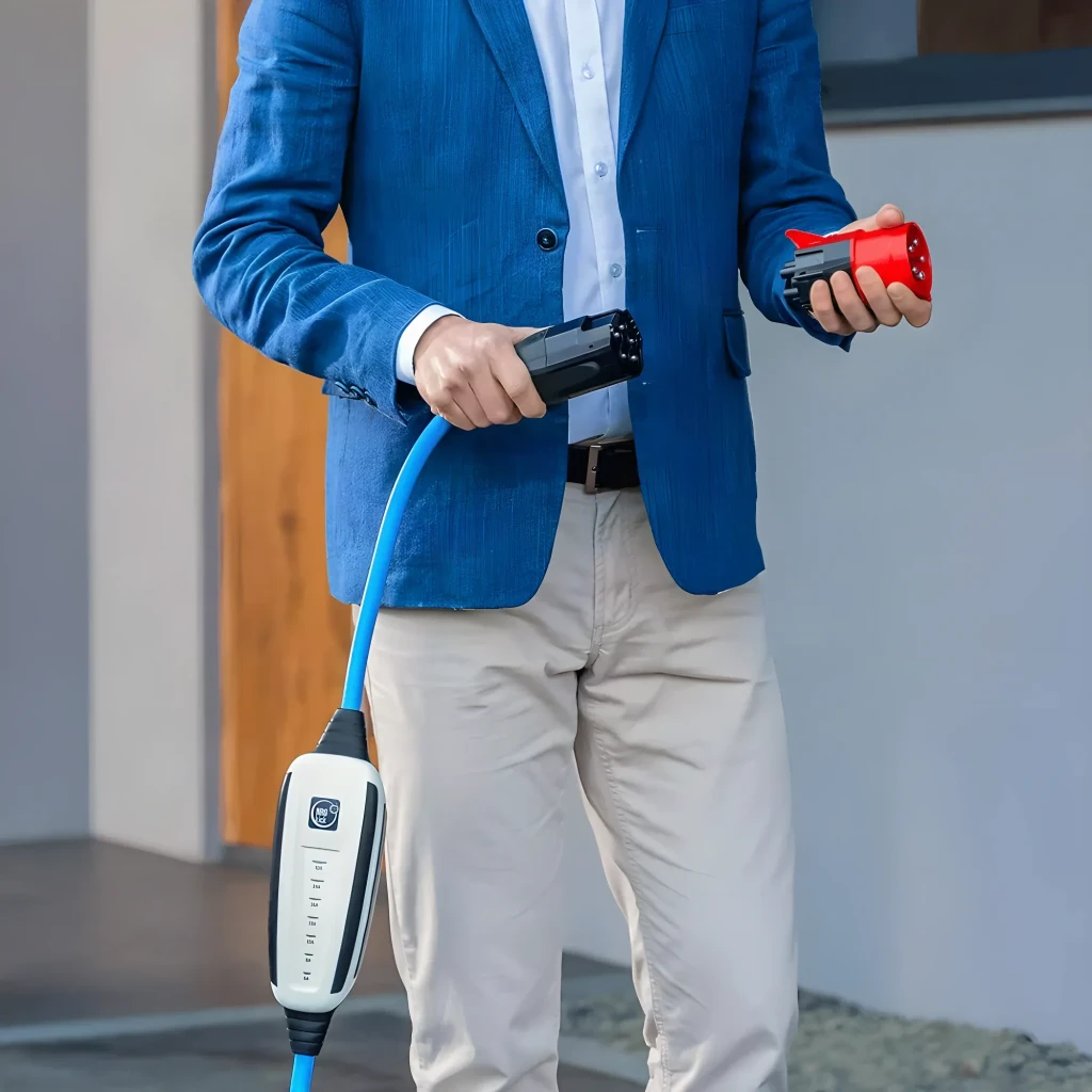Carregador Portátil EV NRGkick Set Optimal 11 kW 16A 5m Wi-Fi Branco Tipo 2, em uso: homem segura módulo branco com cabo