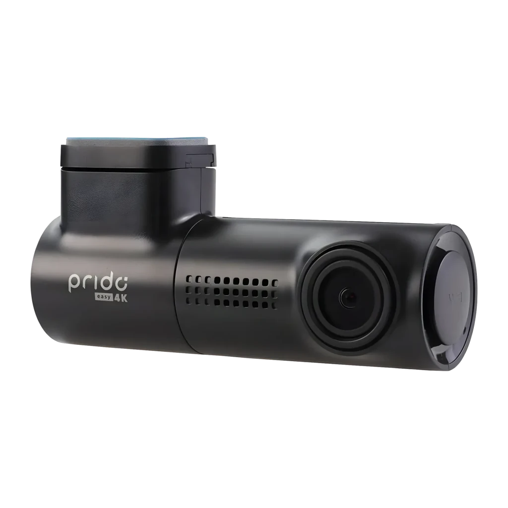 Dashcam Prido Easy 4K 30fps GPS WiFi, vista frontal: corpo cilíndrico preto, lente frontal, grelha de ventilação e logótipo