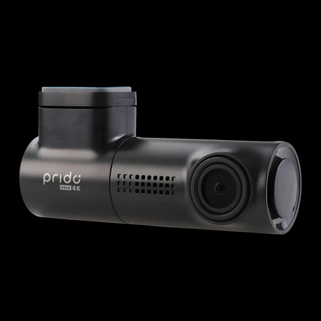 Dashcam Prido Easy 4K 30fps GPS WiFi, vista frontal: corpo cilíndrico preto, lente frontal, grelha de ventilação e logótipo