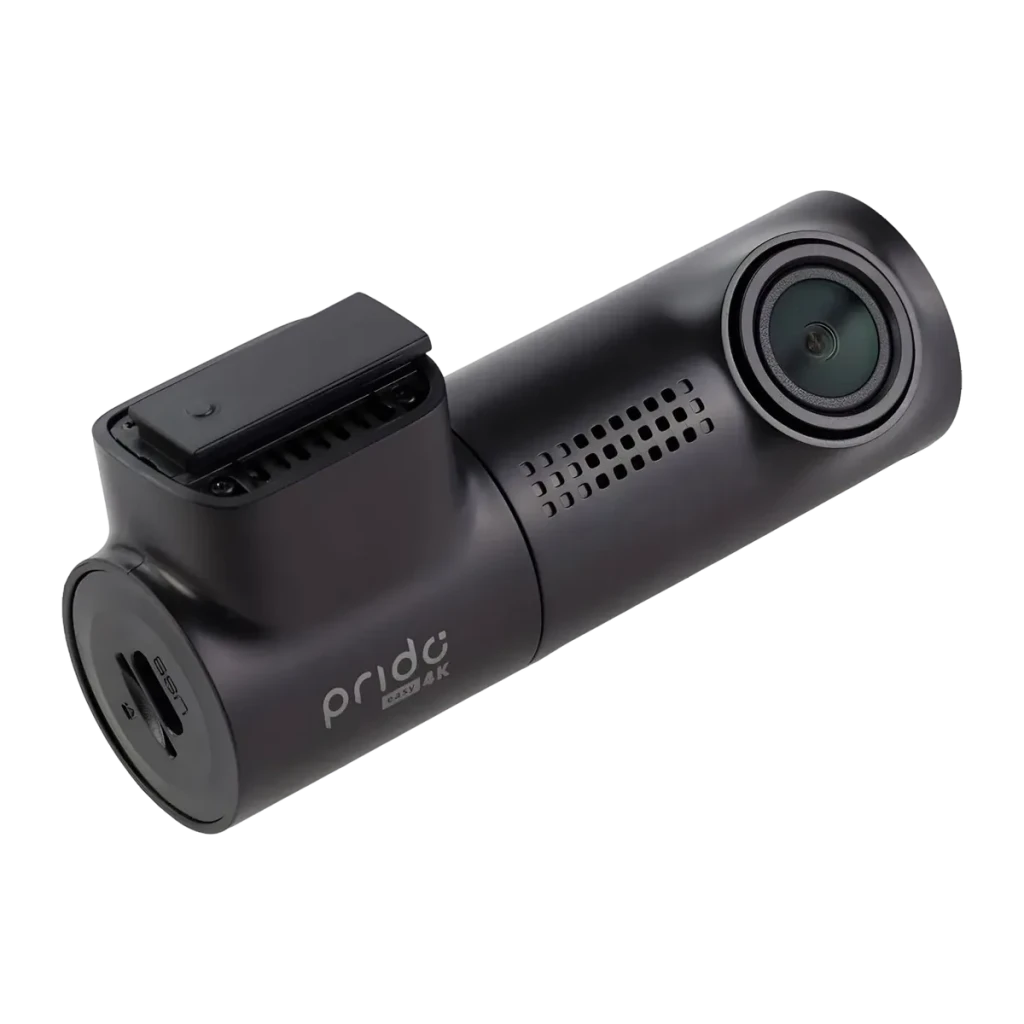 Dashcam Prido Easy 4K 30fps GPS WiFi, detalhe: corpo cilíndrico preto, lente frontal, grelha de ventilação e logótipo Easy 4K
