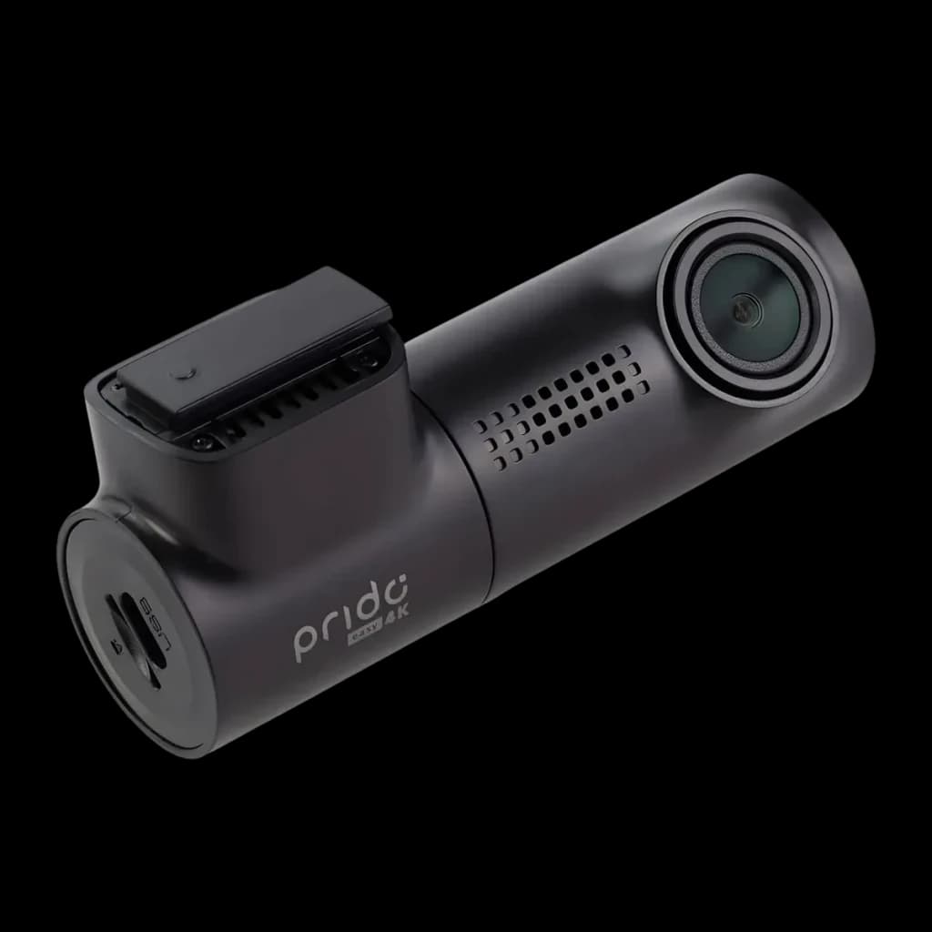 Dashcam Prido Easy 4K 30fps GPS WiFi, detalhe: corpo cilíndrico preto, lente frontal, grelha de ventilação e logótipo Easy 4K