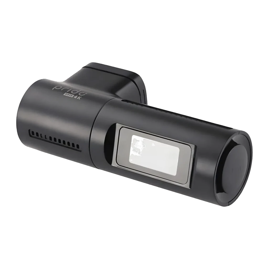 Dashcam Prido Easy 4K 30fps GPS WiFi, vista traseira: corpo cilíndrico preto, ecrã e grelha de ventilação visíveis