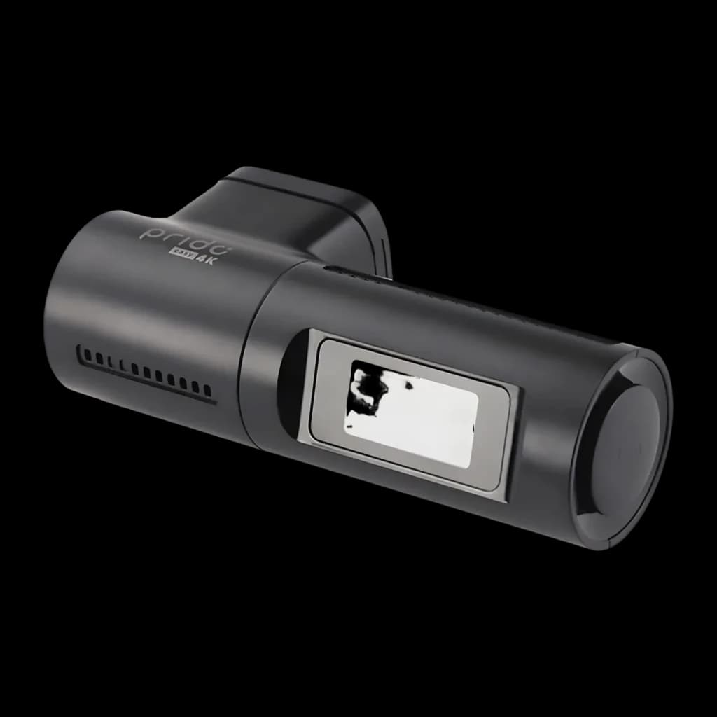 Dashcam Prido Easy 4K 30fps GPS WiFi, vista traseira: corpo cilíndrico preto, ecrã e grelha de ventilação visíveis