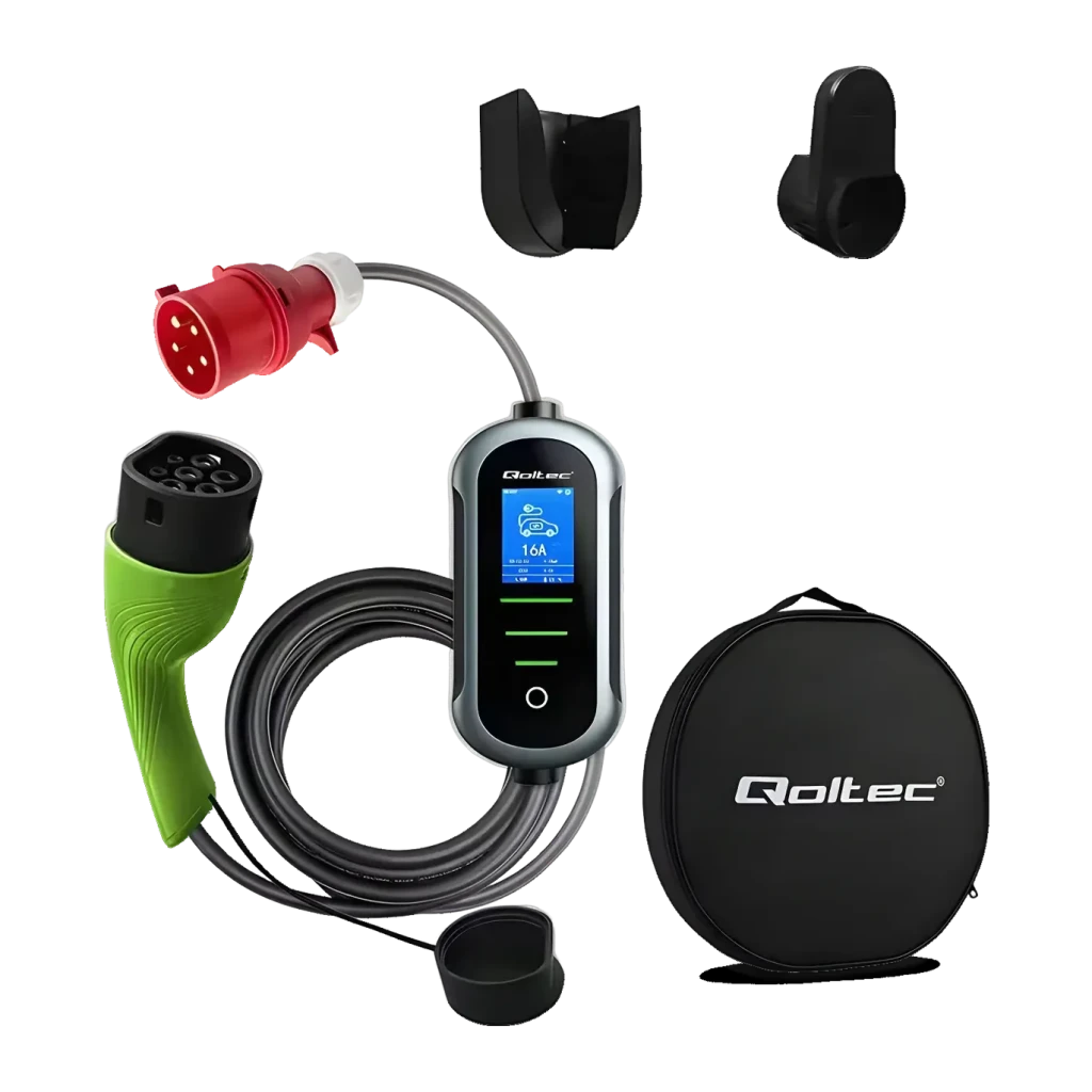 Cargador Coche Eléctrico Qoltec 2 en 1 Negro 11kW Trifásico 5m 52720, detalle: conector Type 2 verde, enchufe CEE rojo