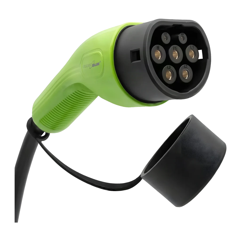 Cargador Coche Eléctrico Qoltec 2 en 1 Negro 11kW Trifásico 5m 52720, detalle: conector Tipo 2 verde con 7 pines dorados
