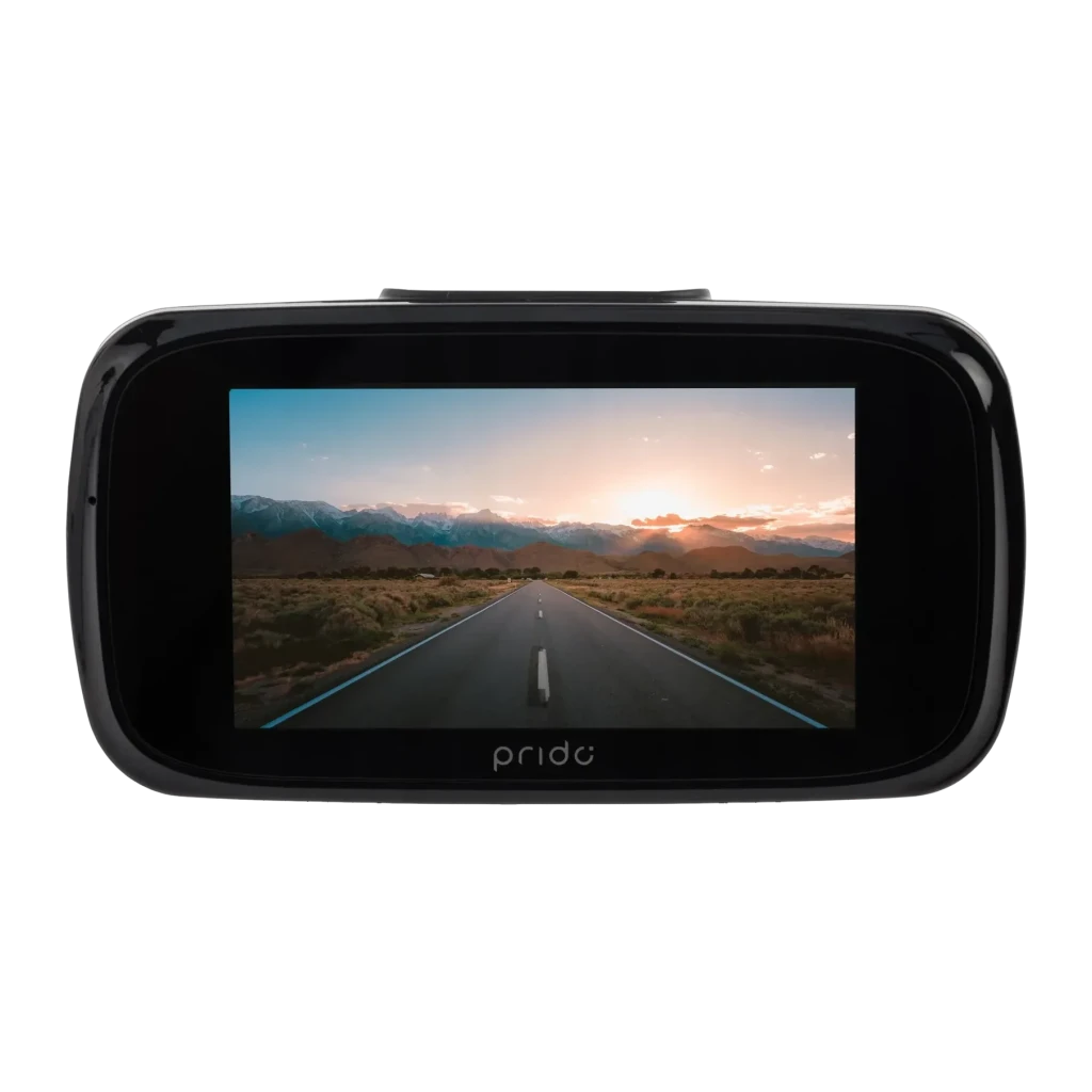 Dashcam Prido i9 4K 1CH 30fps GPS, vista traseira: ecrã LCD com gravação de estrada ao pôr do sol e logótipo Prido