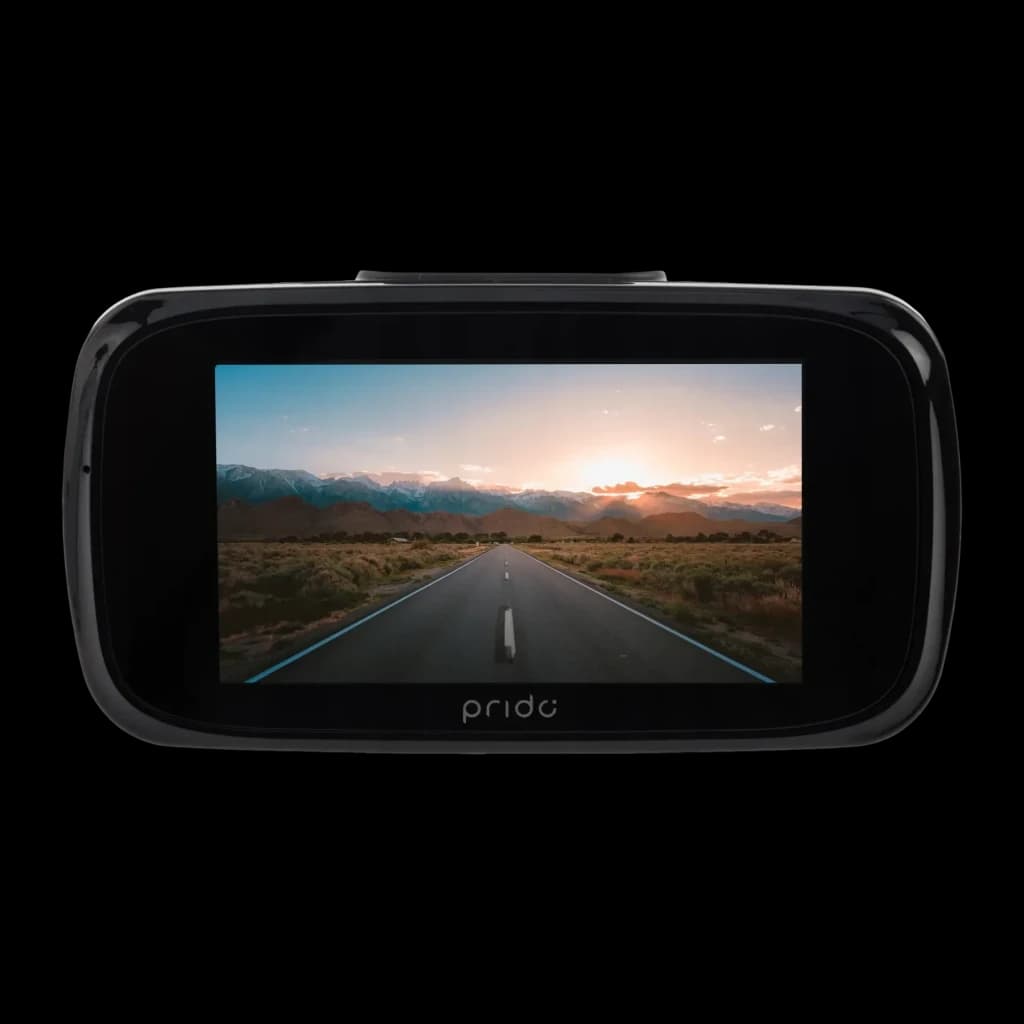 Dashcam Prido i9 4K 1CH 30fps GPS, vista traseira: ecrã LCD com gravação de estrada ao pôr do sol e logótipo Prido