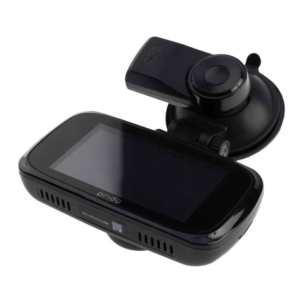 Dashcam Prido i9 4K 1CH 30fps GPS, detalhe: corpo com ecrã e logo Prido ao lado do suporte de ventosa com módulo de câmara