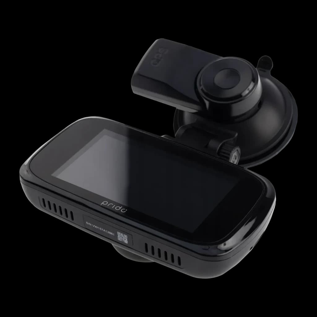 Dashcam Prido i9 4K 1CH 30fps GPS, detalhe: corpo com ecrã e logo Prido ao lado do suporte de ventosa com módulo de câmara