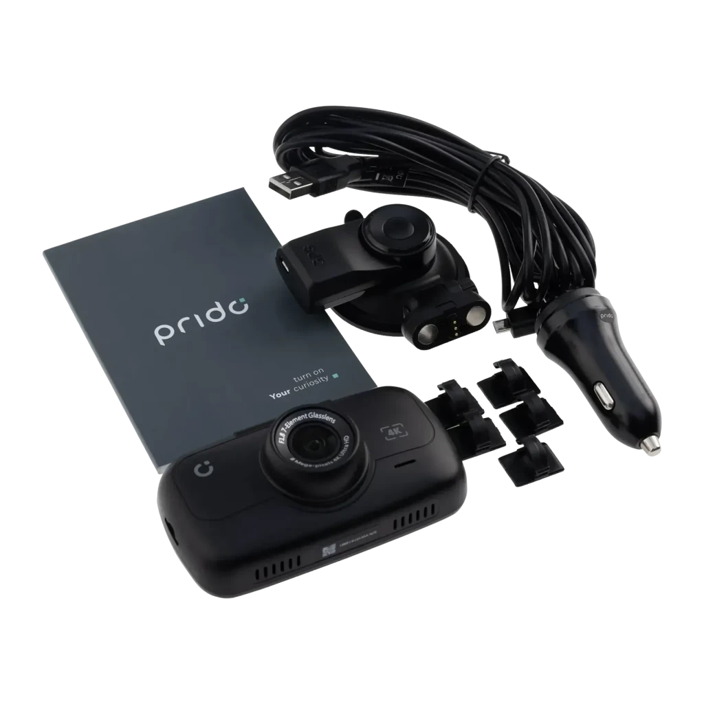 Dashcam Prido i9 4K 1CH 30fps GPS, detalhe: conteúdo da caixa com câmara, suporte, carregador de carro, cabo USB e manual