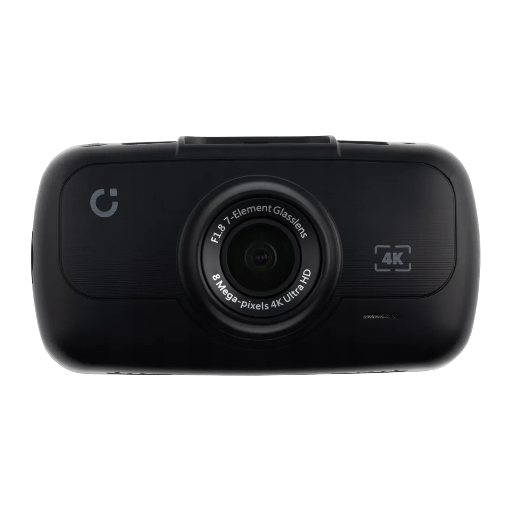 Dashcam Prido i9 4K 1CH 30fps GPS, detalhe frontal: objetiva F1.8 7 elementos 8MP 4K Ultra HD em corpo preto