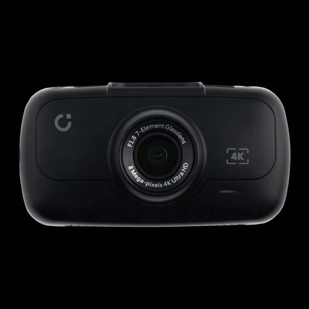 Dashcam Prido i9 4K 1CH 30fps GPS, detalhe frontal: objetiva F1.8 7 elementos 8MP 4K Ultra HD em corpo preto