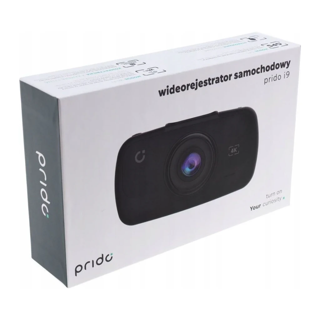 Dashcam Prido i9 4K 1CH 30fps GPS, conteúdo da caixa: caixa branca com foto do dispositivo preto e logótipo Prido