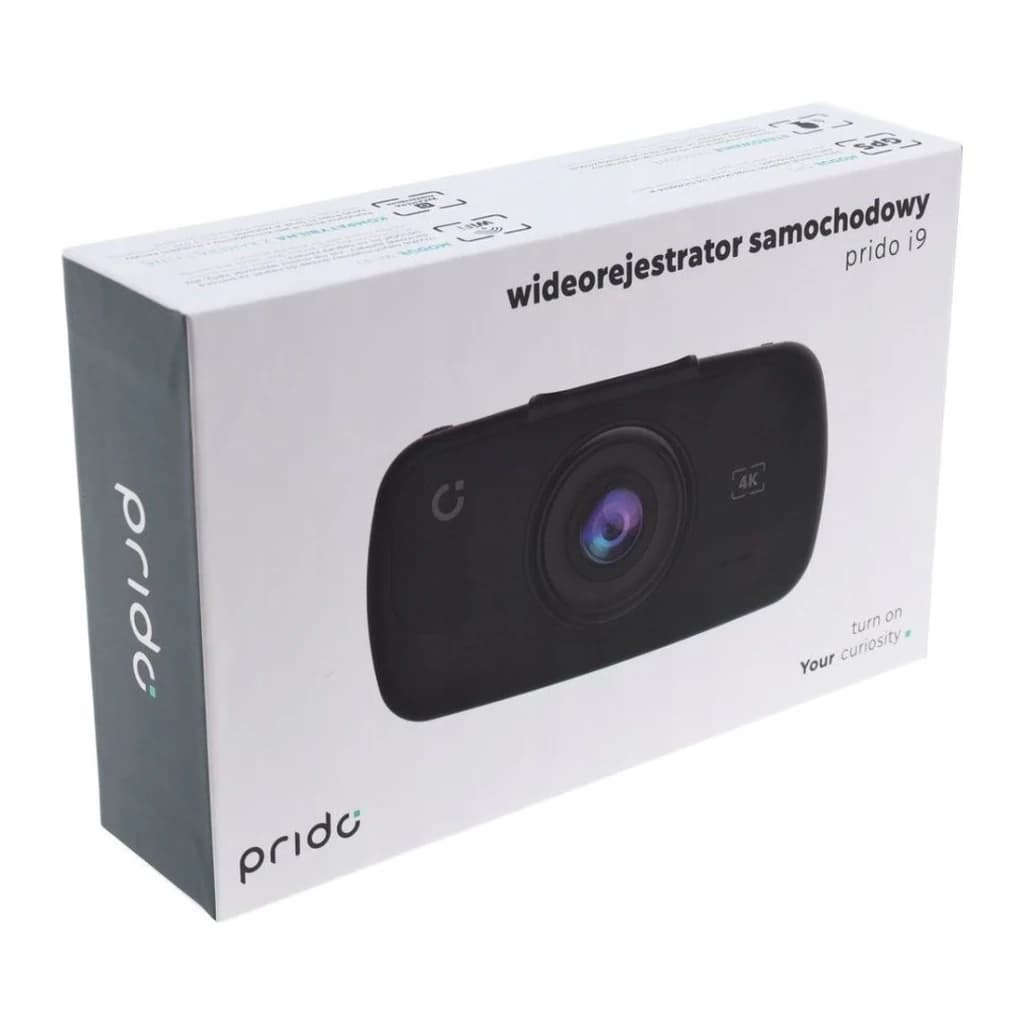 Dashcam Prido i9 4K 1CH 30fps GPS, conteúdo da caixa: caixa branca com foto do dispositivo preto e logótipo Prido