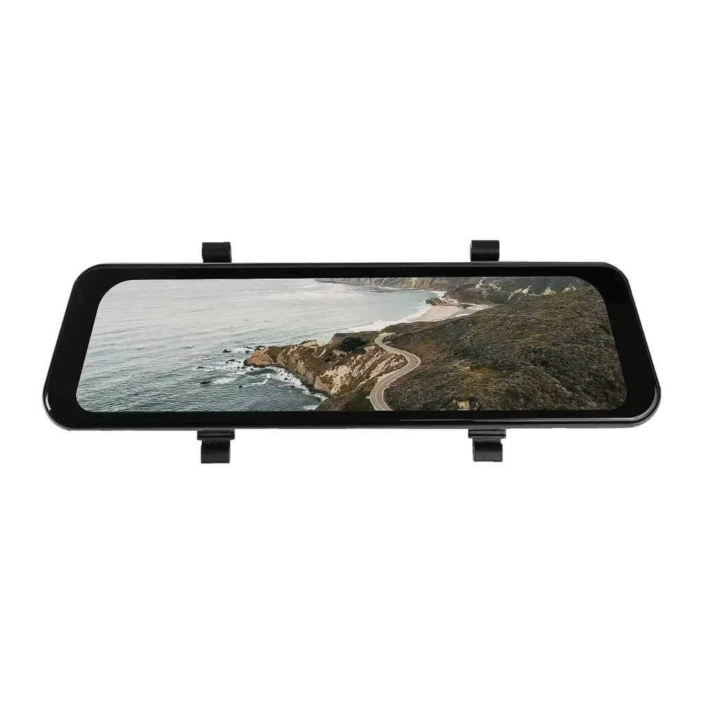 Dashcam Prido X8 4K Wi-Fi GPS Preto 2CH, vista frontal: ecrã panorâmico tátil com imagem costeira e quatro clipes de fixação