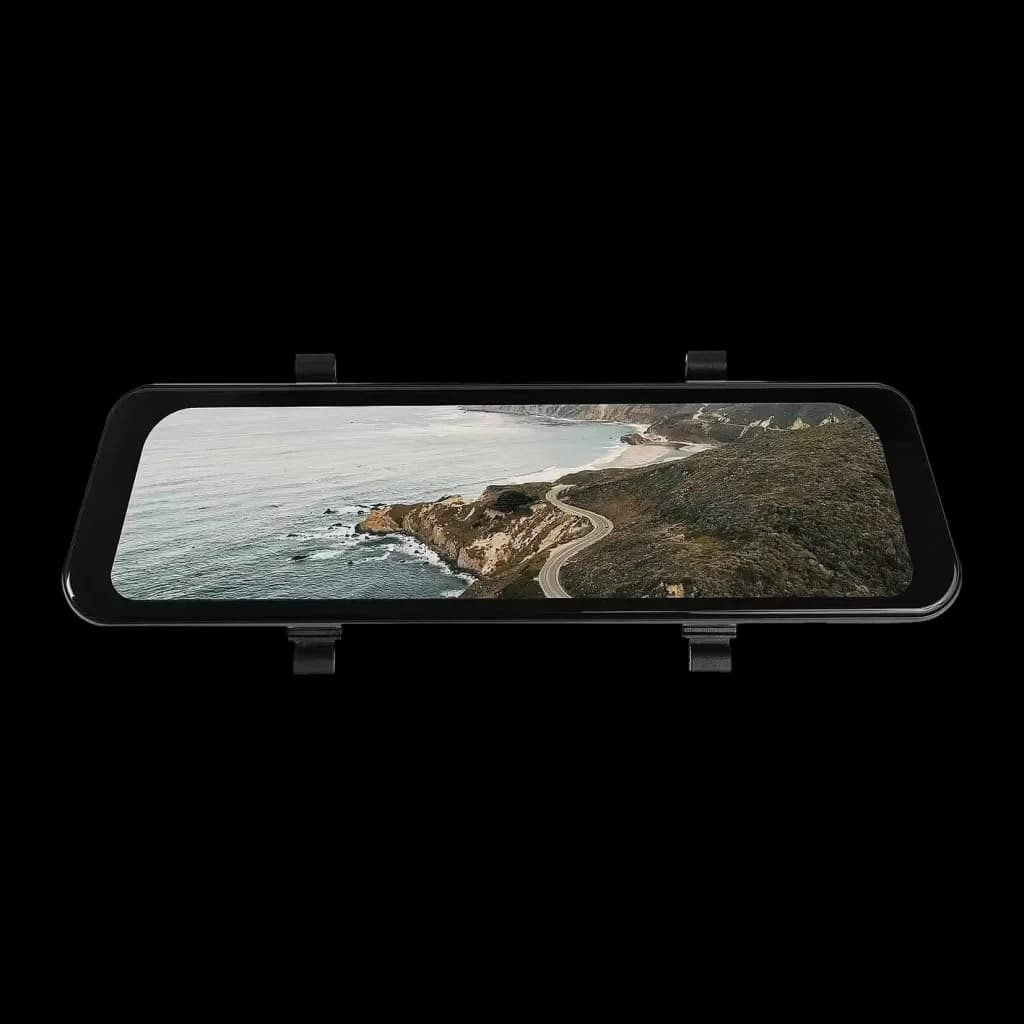 Dashcam Prido X8 4K Wi-Fi GPS Preto 2CH, vista frontal: ecrã panorâmico tátil com imagem costeira e quatro clipes de fixação