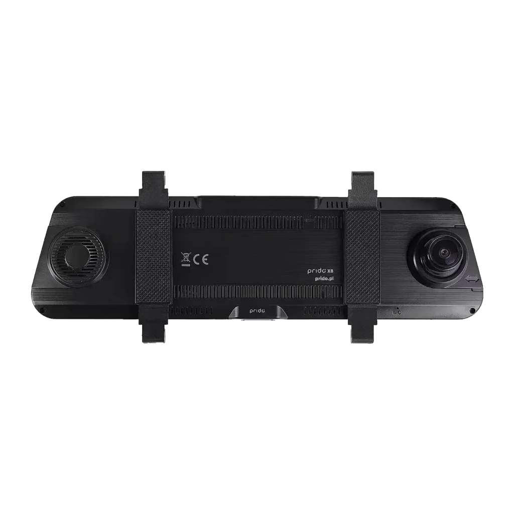 Dashcam Prido X8 4K Wi-Fi GPS Preto 2CH, vista traseira: módulo de câmara direito, altifalante esquerdo e etiqueta CE