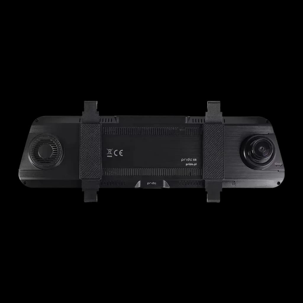 Dashcam Prido X8 4K Wi-Fi GPS Preto 2CH, vista traseira: módulo de câmara direito, altifalante esquerdo e etiqueta CE