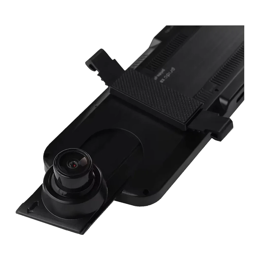 Dashcam Prido X8 4K Wi-Fi GPS Preto 2CH, detalhe: lente da câmara traseira destacável com objetivo grande angular visível