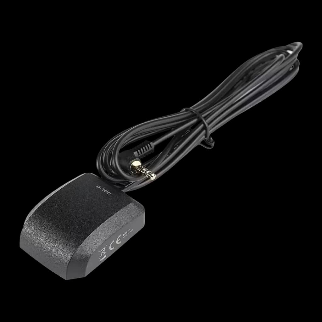 Dashcam Prido X8 4K Wi-Fi GPS Preto 2CH, detalhe: módulo GPS externo com cabo enrolado e conector jack 3,5 mm