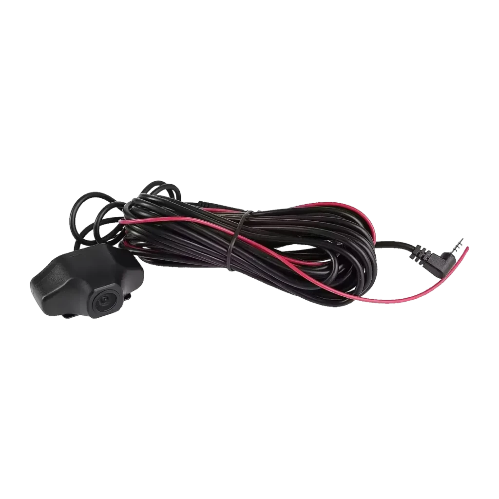 Dashcam Prido X8 4K Wi-Fi GPS Preto 2CH, detalhe: câmera traseira com longo cabo preto e vermelho enrolado e conector