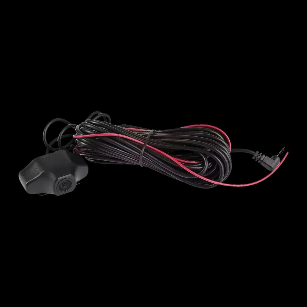 Dashcam Prido X8 4K Wi-Fi GPS Preto 2CH, detalhe: câmera traseira com longo cabo preto e vermelho enrolado e conector
