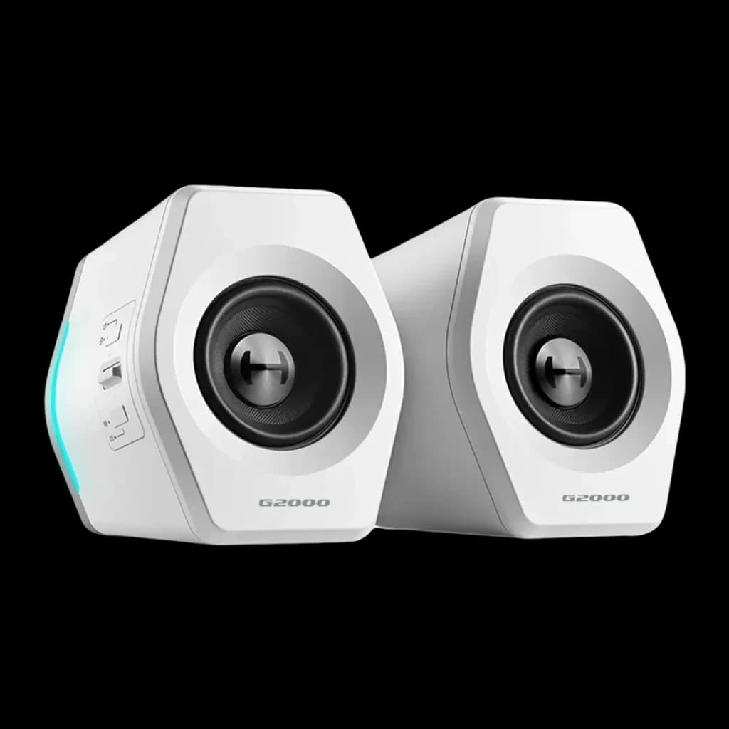 Altavoces Edifier G2000 32W Bluetooth blancos, vista frontal: par de altavoces con woofer central, iluminación RGB azul