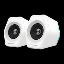 Altavoces Edifier G2000 32W Bluetooth blancos, detalle: par de altavoces frontales con woofer negro y luz RGB cyan lateral