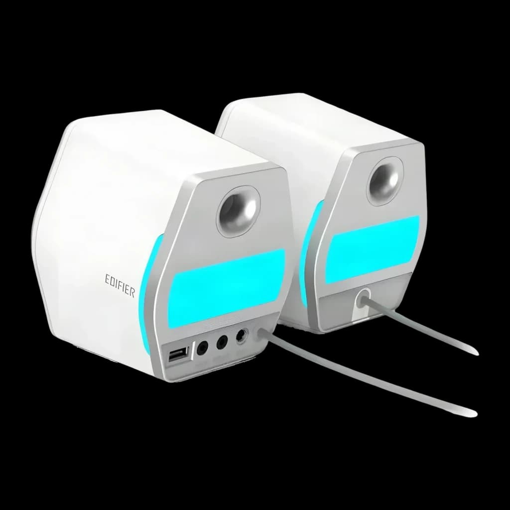 Altavoces Edifier G2000 32W Bluetooth blancos, vista trasera: puertos USB y jack, iluminación RGB cyan y tweeter plateado