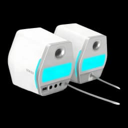 Altavoces Edifier G2000 32W Bluetooth blancos, vista trasera: puertos USB y jack, iluminación RGB cyan y tweeter plateado