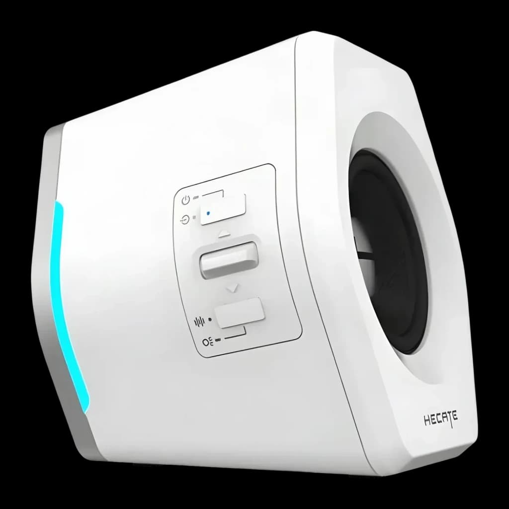 Altavoces Edifier G2000 32W Bluetooth, detalle lateral: controles de volumen, botones y luz RGB azul turquesa