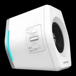 Altavoces Edifier G2000 32W Bluetooth, detalle lateral: controles de volumen, botones y luz RGB azul turquesa