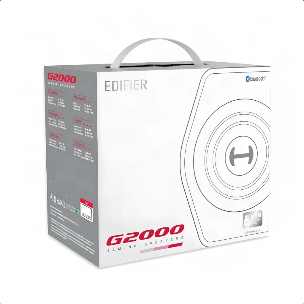 Altavoces Edifier G2000 32W Bluetooth, contenido de la caja: caja blanca con asa, logo G2000 Gaming Speakers e icono