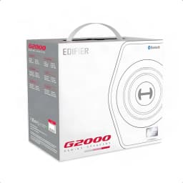 Altavoces Edifier G2000 32W Bluetooth, contenido de la caja: caja blanca con asa, logo G2000 Gaming Speakers e icono