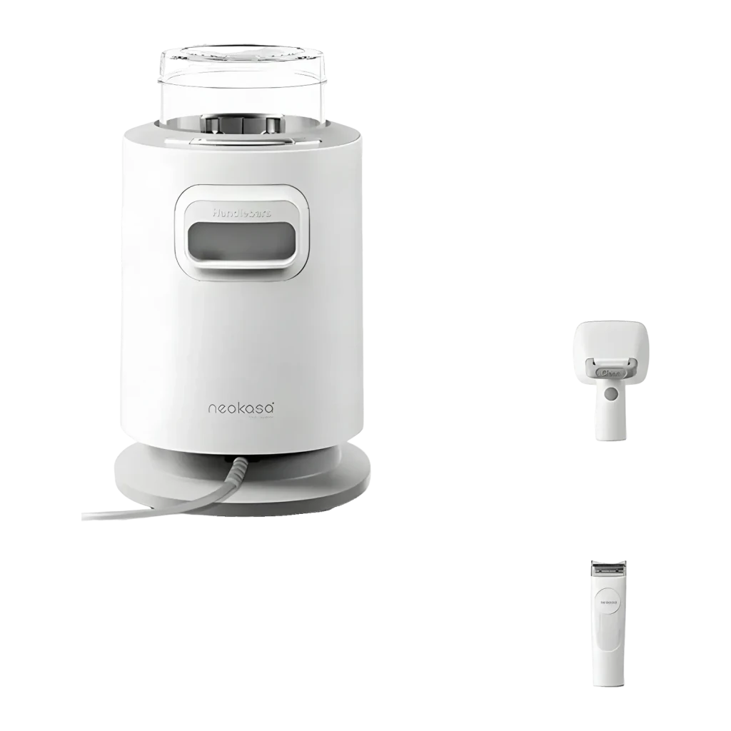 Kit de aseo Neakasa P0 Pro Blanco, detalle: unidad principal cilíndrica con pantalla, depósito superior, base con cable