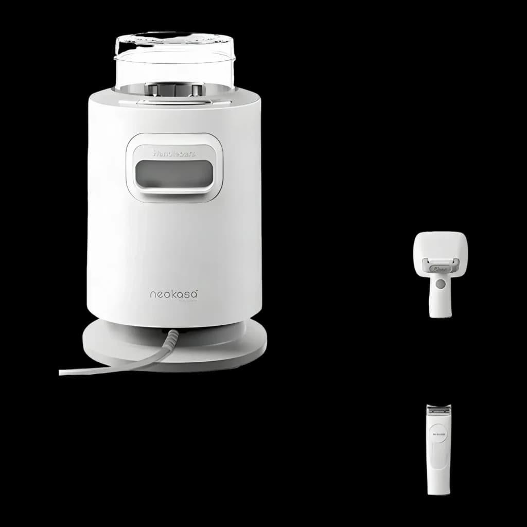 Kit de aseo Neakasa P0 Pro Blanco, detalle: unidad principal cilíndrica con pantalla, depósito superior, base con cable